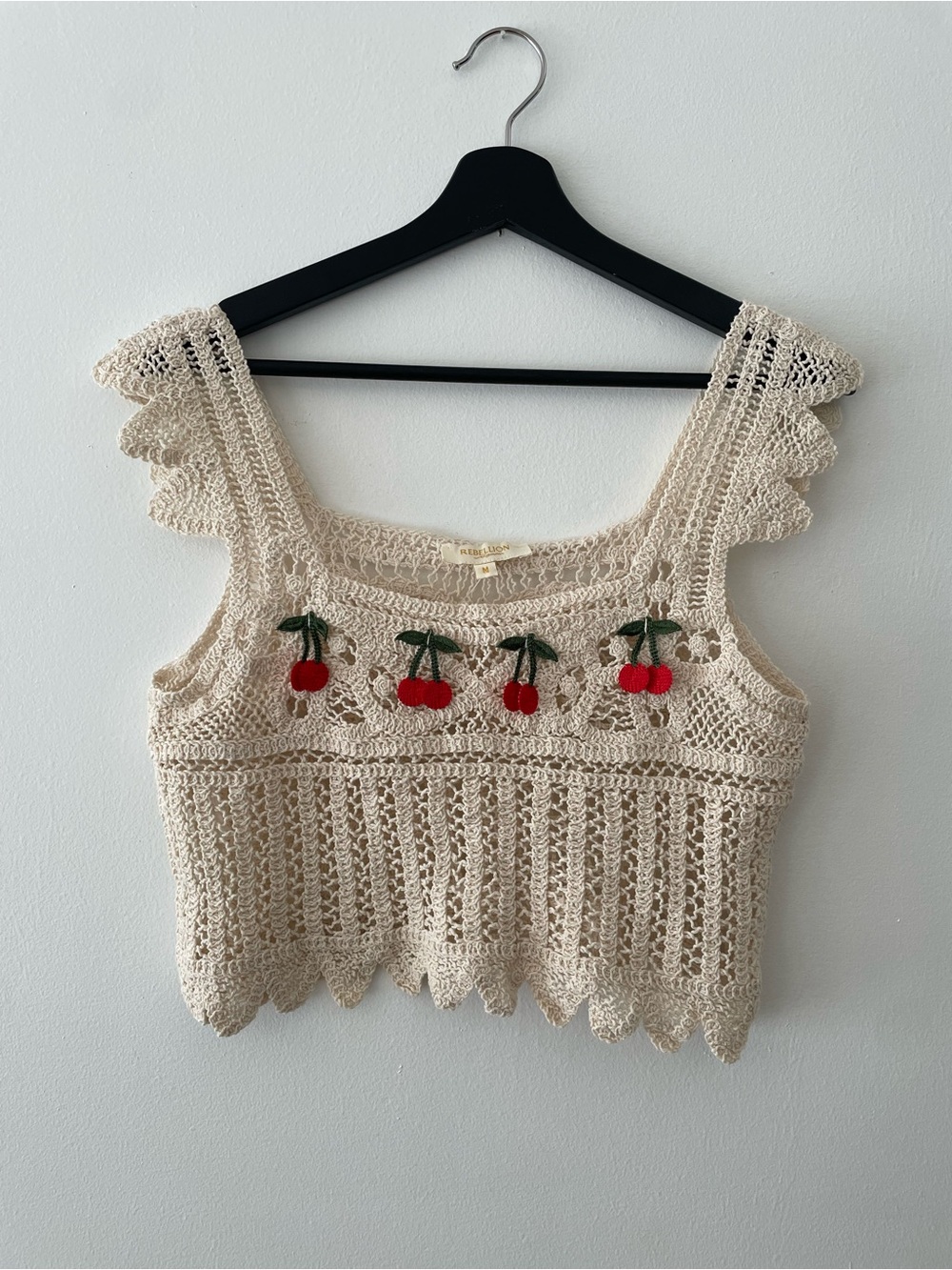 Rebellion Again Cherry Applique Crochet Crop Top Size M